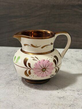 Vintage Old Castle Copper Lusterware Hand Painted Pink Floral 3.5" Creamer UK